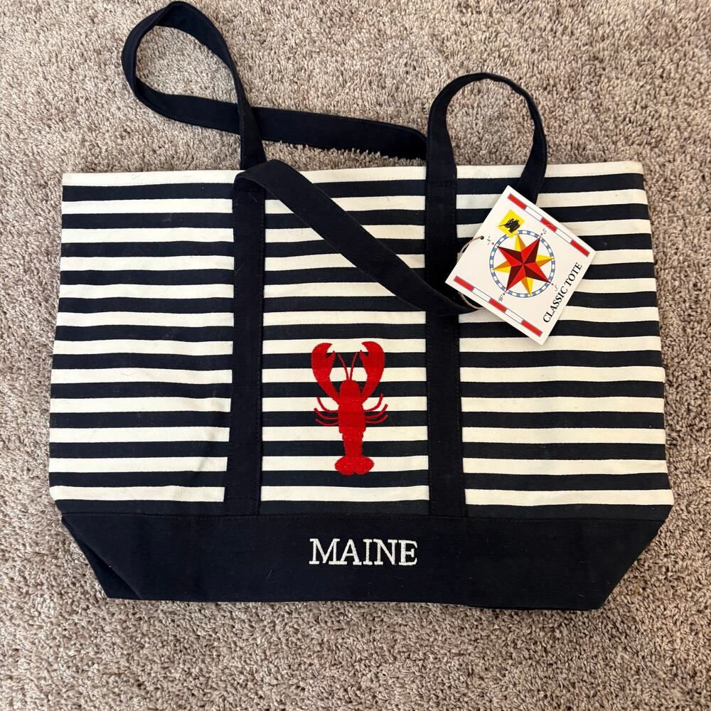 Shalam Imports Classic Tote Maine Lobster Navy Stripe Canvas Tote Bag Large